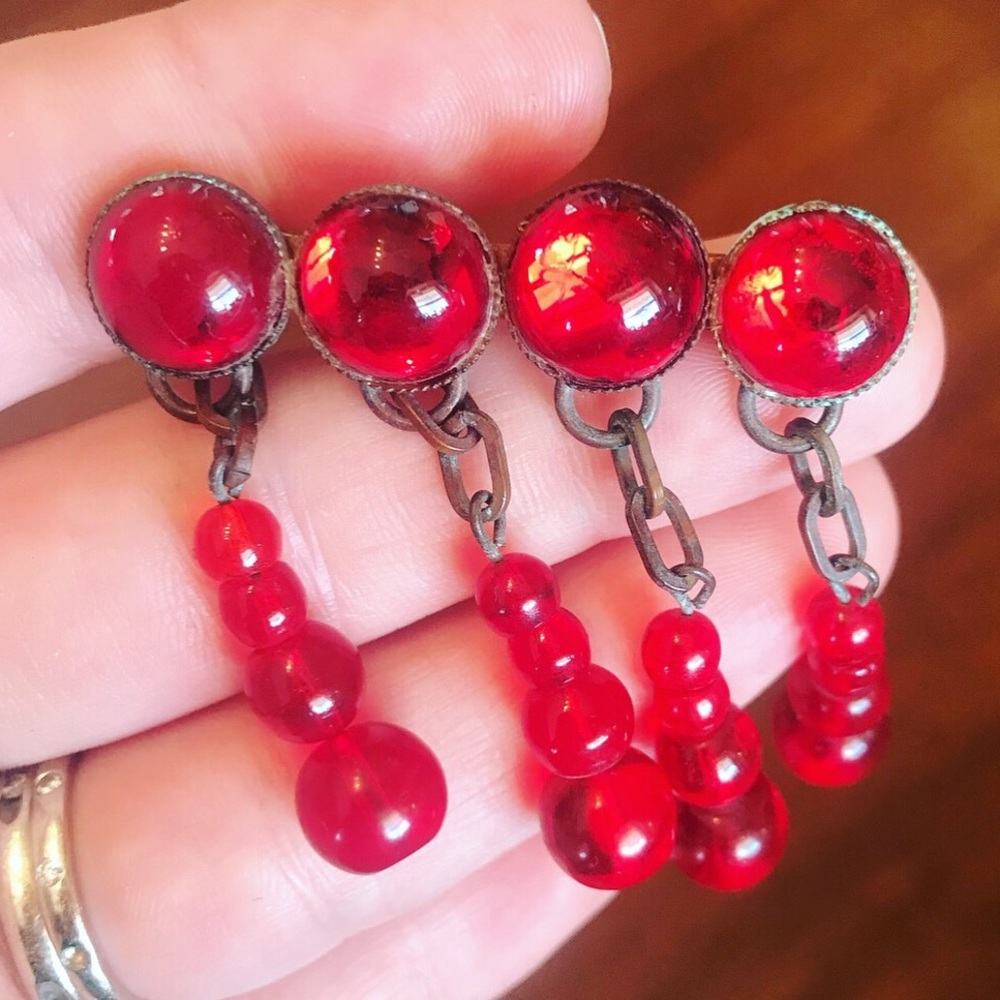 RARE 1930s Czech red glass brooch pools of light
